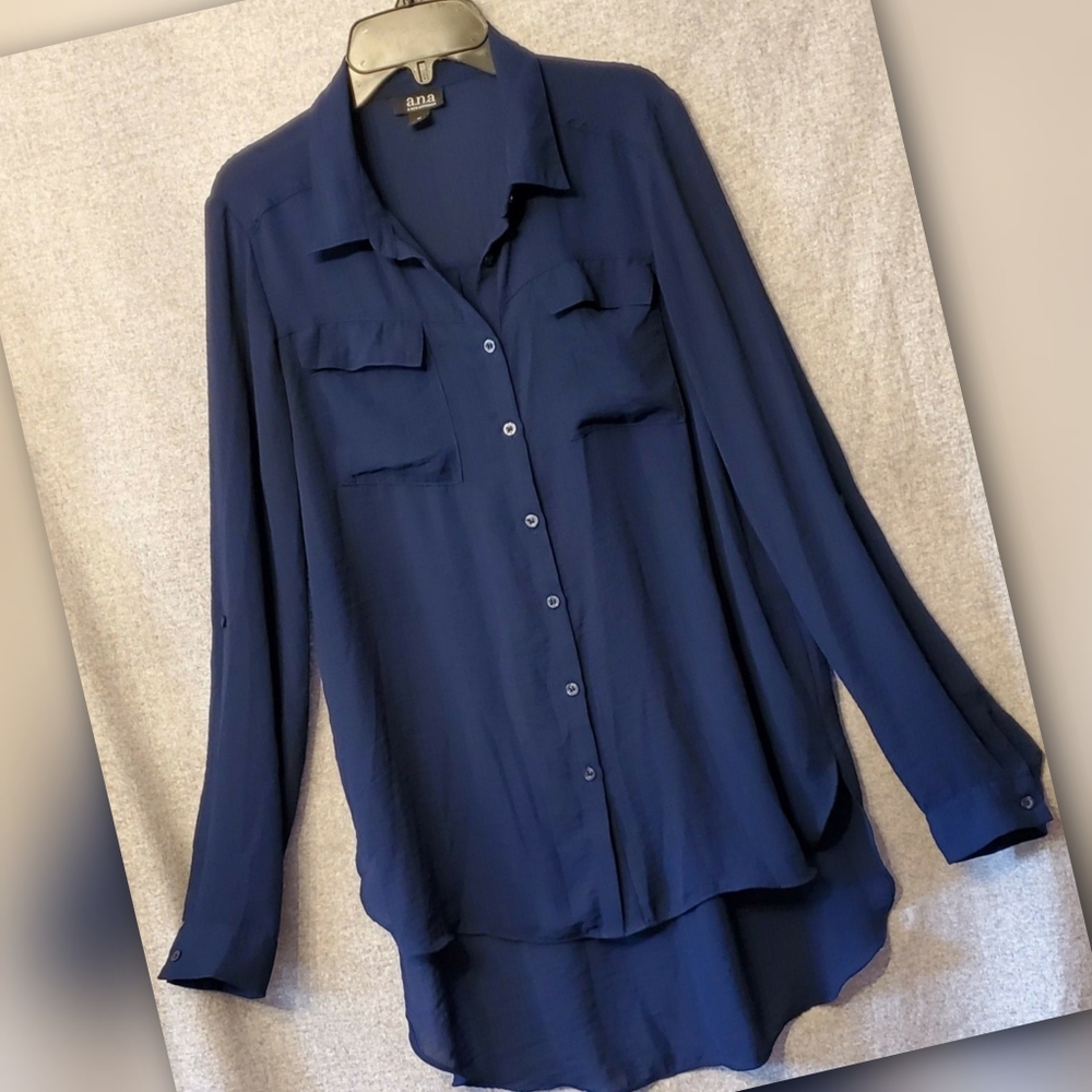 a.n.a. Sheer Blue Button Down Blouse
